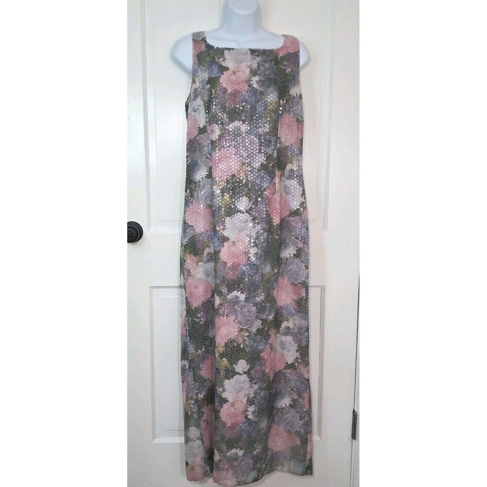 Oltre Made In Italy Sequin Floral Maxi Dress Sz 12 US / 46 IT Pink Pastel Formal